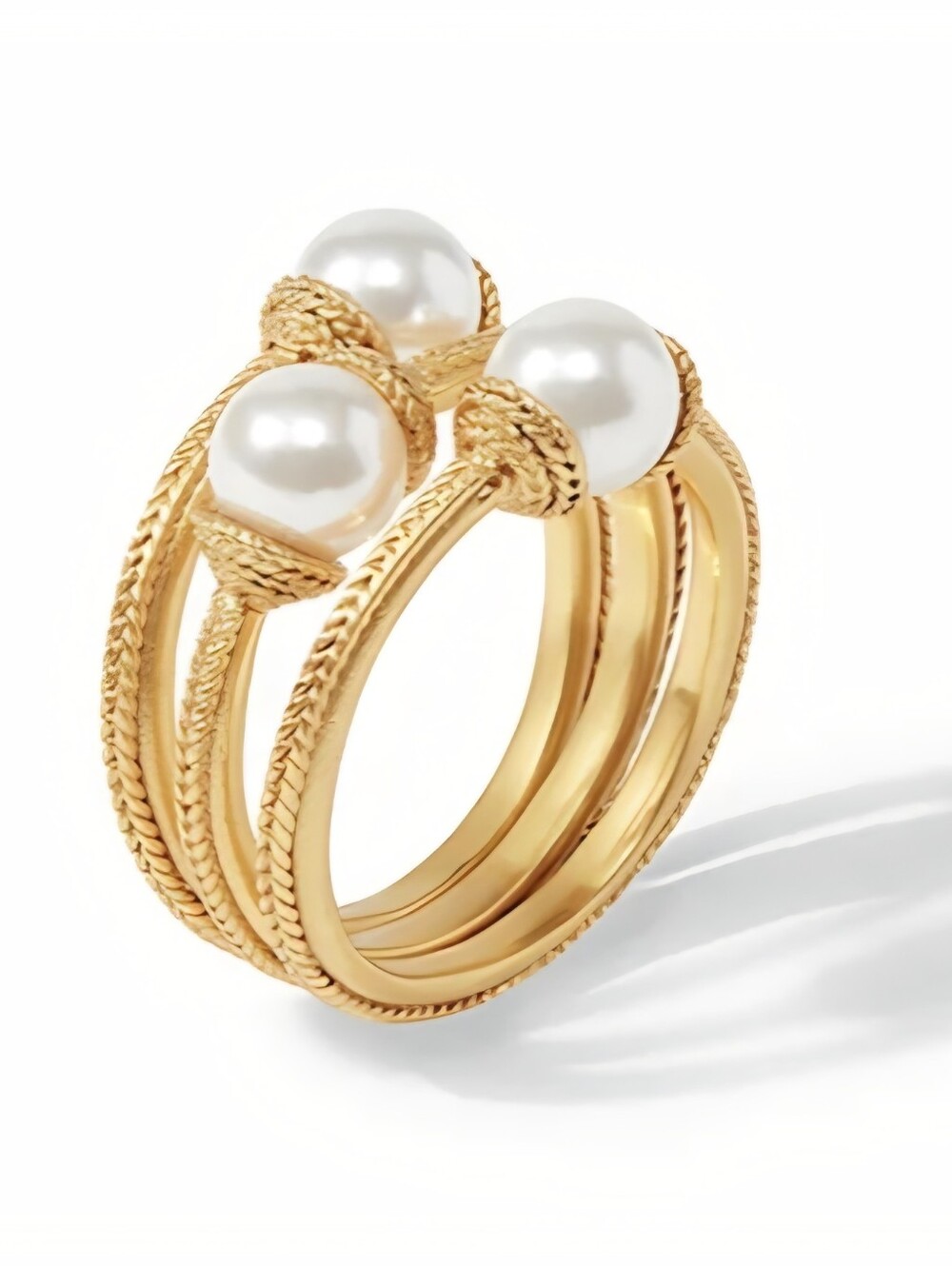 Julie Vos Calypso Trio Pearl Ring Set 24K Gold Plate Size 8 Pouch & Gift Box NWT